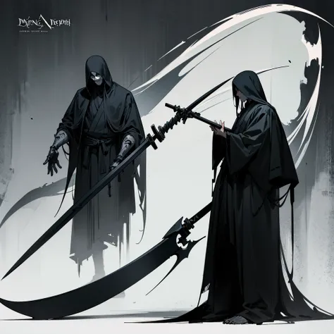 Drawing of a man holding a Japanese sword, Scythe design, the Angel of Death, Angel of Death, Full body concept, Spooky and gloomy art style, Detailed but rough, Pure black body, detailed Full body concept, Grim Reaper Illustration, Demon Soul concept art,...