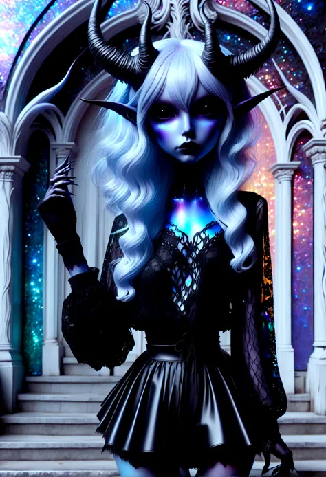 pale demon girl , (prismatic coloring, holographic vibe, chromatic:1.2) black lace blouse, gothic background, (long straight horns:1.2)  sneakers with socks,