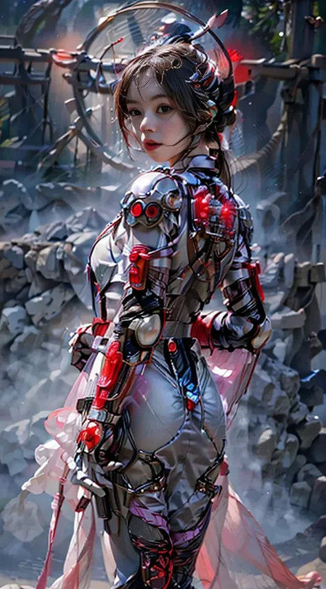 1 girl solo, perfect_hand, (8k, RAW photo, best quality, masterpiece:1.2), (realistic, photo-realistic:1.4), (extremely detailed CG unity 8k wallpaper),full body, (neon lights), machop, mechanical arms, hanfu, Chinese clothes, dress,