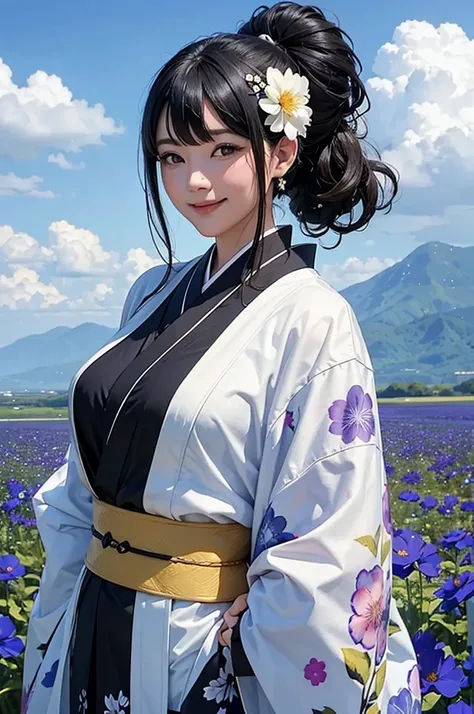 A beautiful woman with black hair and a kimono greets you with a smile, with a flower field in the background under a blue sky