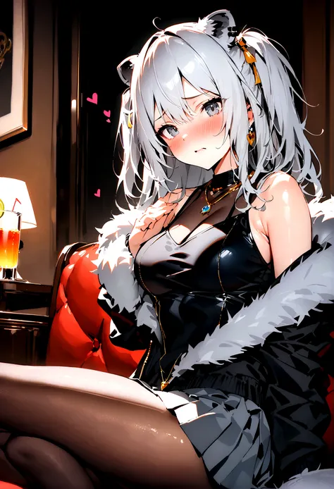 NSFW,masterpiece,Highest quality,High resolution,Super detailed,Shishirabotan(Hololive),Long Hair、Two Side Up、Earrings、Lion&#39;s Tail,necklace、Black Shirt、Sleeveless shirt、abdomen、See-through、Grey Skirt、片足pantyhose、pantyhose、fur-trimmed jacket、Black jacke...