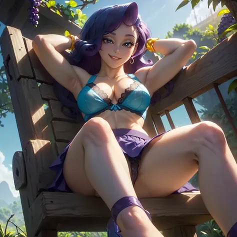 (((beautiful female body))),(((rarity as a sweet charming hot seductive horny model))) ,(((sit on the fences leant to grape tree crossed legs)))), (((outdoor))),(((jungle in background))),(((lewd and erotic posing))), (((happy wicked smile))) ,(((wear ligh...