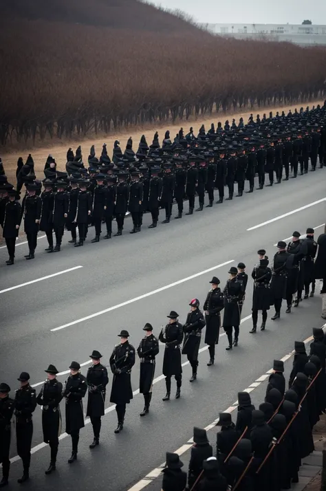 An army marching in line in black clothes and black hats