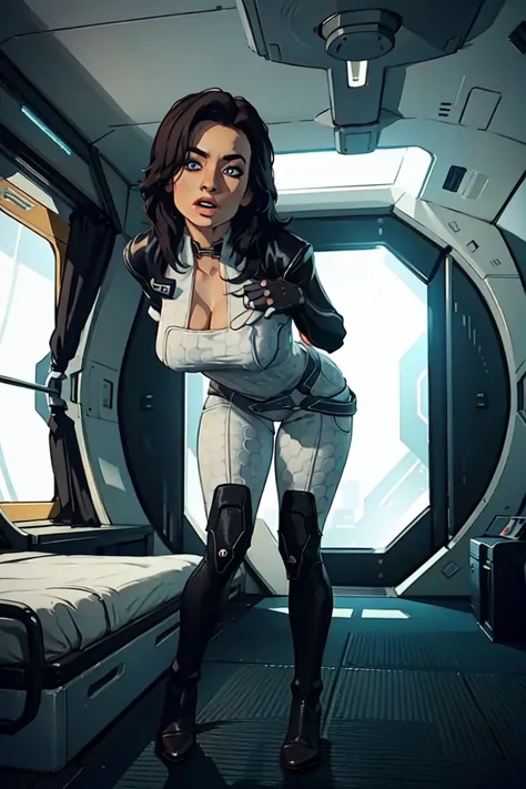 masterpiece, high detailed, best quality, highres:1.2, 1girl, solo, mature girl, Miranda Lawson, black hair, long hair, pretty face, blue eyes, bodysuit, choker, gloves, belt, boots, large breasts, cleavage, looking at viewer, indoors, spaceship interior, ...