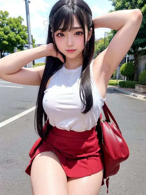 What a Japanese girl born in 2003 will look like in 2024。Stylish clothing。Armpit sweat。Landmine makeup。Heavy makeup。eye make up。Droopy eyes。Young face。Chubby。Provocative smile。Plump young girl。Young thighs。Photos taken outdoors in busy areaicro Mini Skirt。...