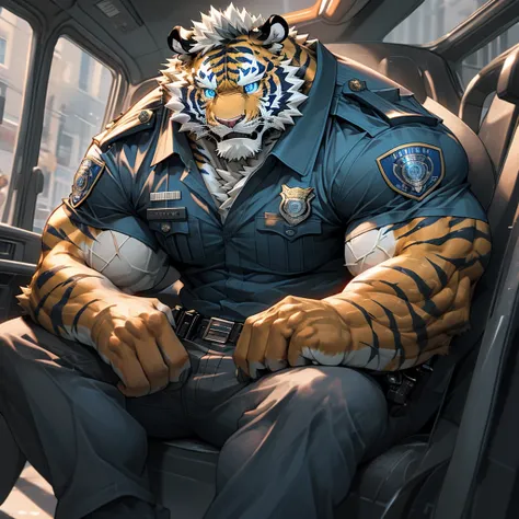 Sitting in a police car，Muscular policeman with serious expression（Scars on the face）Mature （blue eyes）Huge muscle ripped abs wild，Wild Tiger