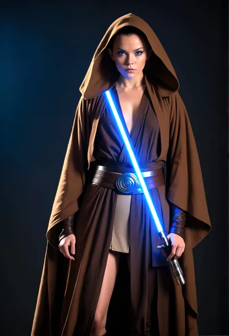 A person dressed in a revealing Jedi-inspired costume holds a blue lightsaber. They are wearing a dark brown robe with a deep neckline and a high slit, combined with a wide belt, standing against a dark background.