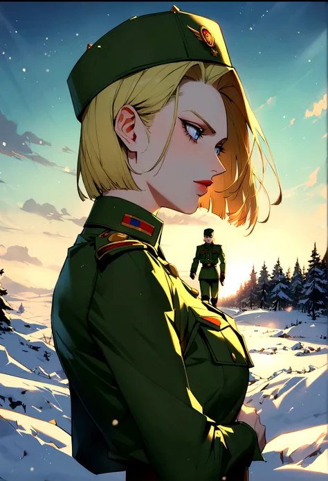 androide 18 dbz, Very detailed, winter, Android 18,  by rubio, Blue eyes, short hair, green military uniform, Russian military uniform green, Russian cap, ushanka Russian, 