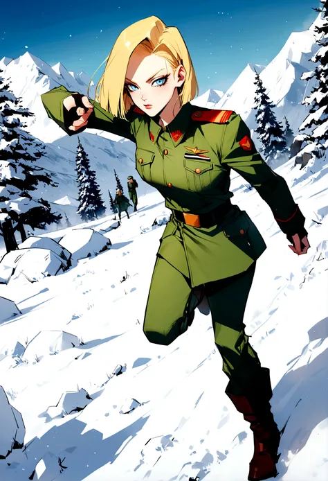 androide 18 dbz, Very detailed, winter, Android 18,  by rubio, Blue eyes, short hair, green military uniform, Russian military uniform green, Russian cap, ushanka Russian, 