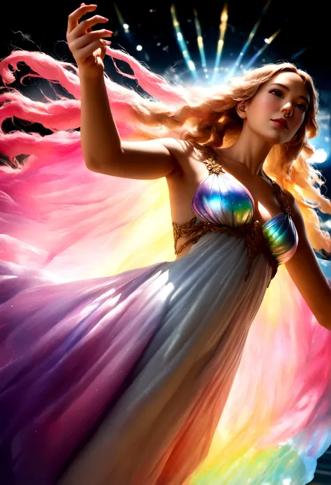 Rainbow goddess, iridescent opal dress, multicolored aura, prismatic effects"photorealistic, high resolution, intricate details(RAW Photos, Highest quality), (Realistic, photo-Realistic:1.3),Highest quality,Very detailed,masterpiece,Super detailed,figure,O...