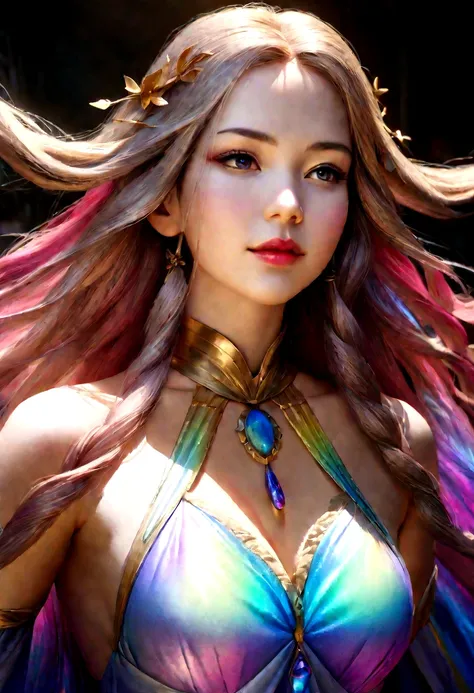 Rainbow goddess, iridescent opal dress, multicolored aura, prismatic effects"photorealistic, high resolution, intricate details(RAW Photos, Highest quality), (Realistic, photo-Realistic:1.3),Highest quality,Very detailed,masterpiece,Super detailed,figure,O...