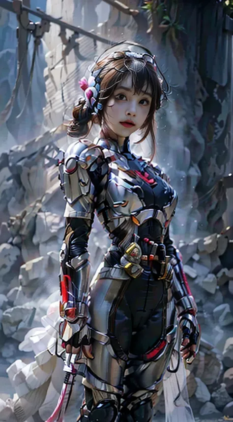 Full body, 1 girl solo, perfect_hand, (8k, RAW photo, best quality, masterpiece:1.2), (realistic, photo-realistic:1.4), (extremely detailed CG unity 8k wallpaper),full body, (neon lights), machop, wearing armor, japanese clothes, dress,