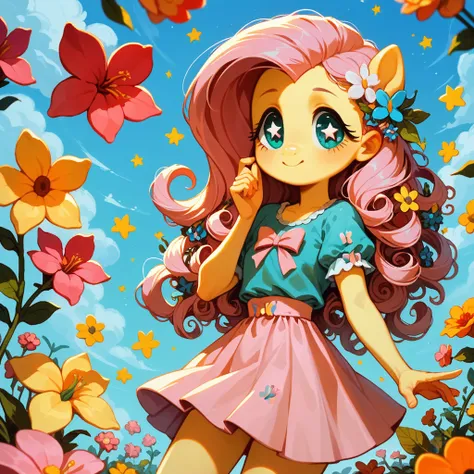 score_9, score_8_up, score_7_up, flutteryshy,curly hair,flowers on hair,star shaped eyes,pink skirt,