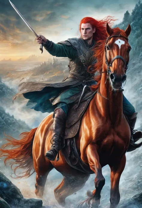 A cinematic image of a fantasy character on a horse , male character , red hair , hunter eyes , chaotic background, fight scene , magical and fantasy themed , perfect detailing, colour pencil art on paper , pencil art , highly detailed image 