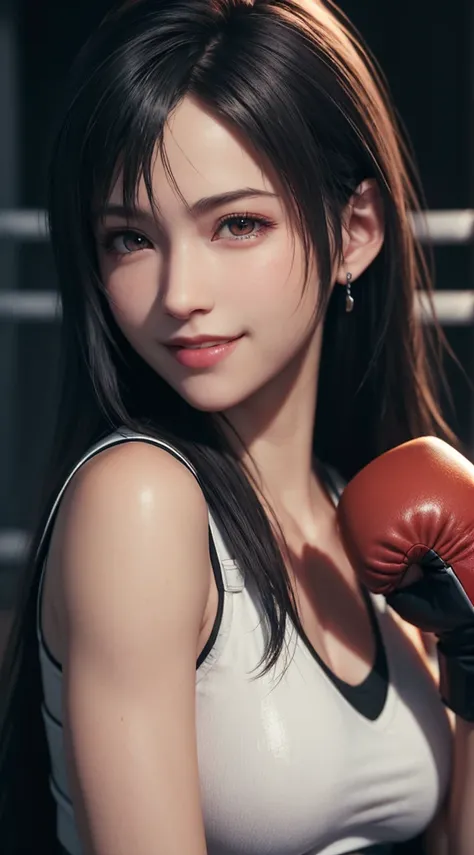 (best quality, ultra-detalhado, Realistic:1.37), Tifa Lockhart, boxing gloves, Sweet smile expression, ultra texture, vivid colors, soft lighting