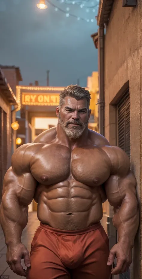 A handsome mature Thanos with a massive beard and no shirt standing in front of a door,very dark skinned, buzz haircut, hyper muscular, pumped, roids, huge pecs, arms, biceps, shoulders, male focus, centered, tan skin, bodybuilder, meticulous muscle defini...