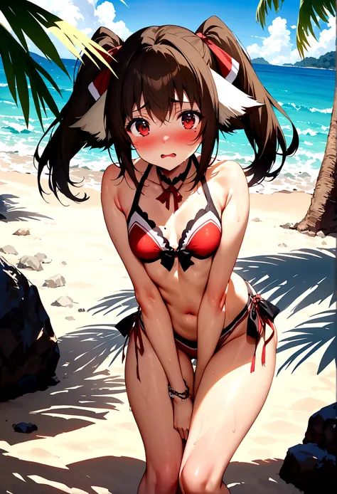 NSFW,masterpiece,Highest quality,High resolution,Super detailed,Nekone (Utawarerumono),Brown Hair、（Red Eye：1.3）、ribbon,Twin tails、ヘアribbon、Mole、目の下のMole,Small breasts,High-quality adult swimwear,beach,Palm tree,Rock Shade,Embarrassed,blush,(Seduce)