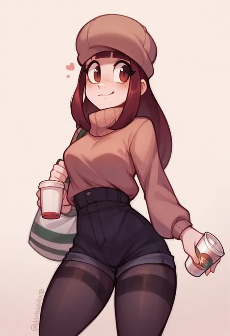 woman in tights and a hat holding a cup, soda themed girl, mysterious coffee shop girl, full body portrait of a short!, cel - shaded art style, casual pose, thicc, full body!, loish art style, fullbody commission for, casually dressed, oc commission, full ...