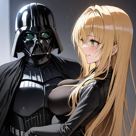 ((Highest quality)), ((masterpiece)), (detailed), （Perfect Face）、The woman is the Sith Lord Tearju, with green eyes, blonde medium-long hair, and is wearing the same bodysuit and protector as Darth Vader, as well as a full-face helmet and a black cloak.、Th...