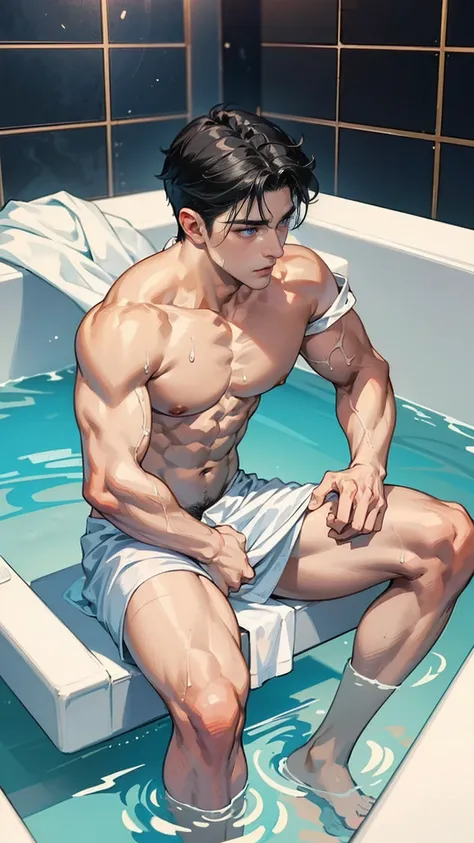 black hair boy, blue eyes, muscular, hot and sexy sweaty body, shirtless, using white towel, barefoot, sitting his bath