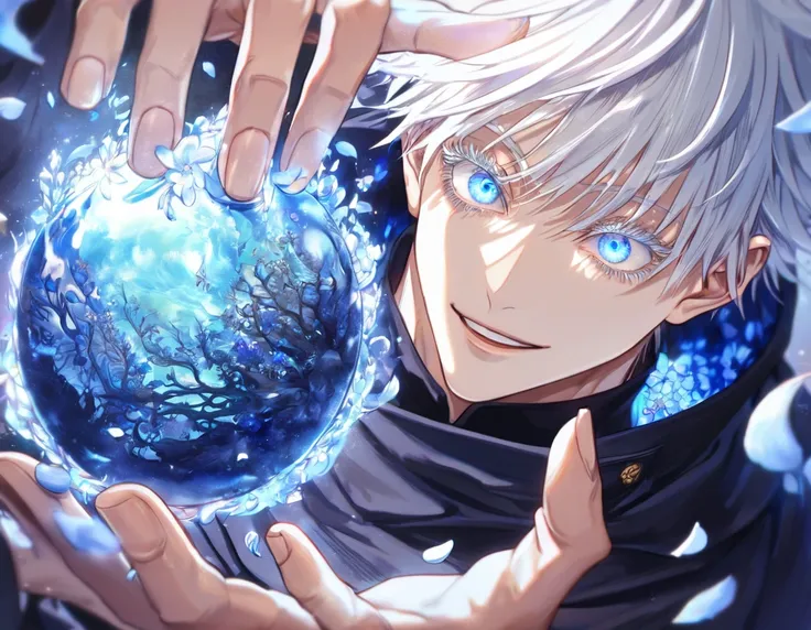 Ultra detailed, HDR, Highres, absurdres, master piece, Gojou Satoru, white hair with bangs, expressive blue eyes, white eyelashes, Jujutsu Kaisen, handsome, sexy man, solo, unlimited void, blue water, fantasy, magical, cursed energy, blue aura, blue petals...