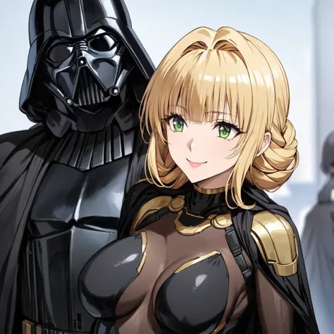 ((Highest quality)), ((masterpiece)), (detailed), （Perfect Face）、The woman is a Stormtrooper named Tiare, with green eyes, medium blonde hair, and a Princess Leia hairstyle. She is wearing a gorgeous black Stormtrooper bodysuit with gold patterns and trim,...