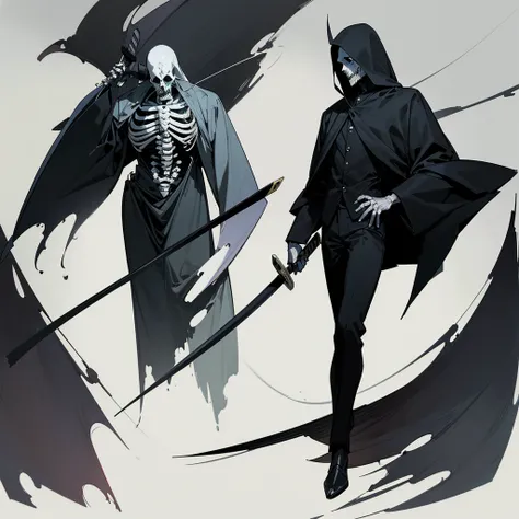 Drawing of a man holding a Japanese sword and a hatchet, the Angel of Death, Angel of Death, Full body concept, Spooky and gloomy art style, Detailed but rough, Pure black body, detailed Full body concept, Grim Reaper Illustration, Demon Soul concept art, ...