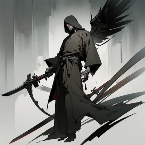 Drawing of a man holding a Japanese sword and a hatchet, the Angel of Death, Angel of Death, Full body concept, Spooky and gloomy art style, Detailed but rough, Pure black body, detailed Full body concept, Grim Reaper Illustration, Demon Soul concept art, ...