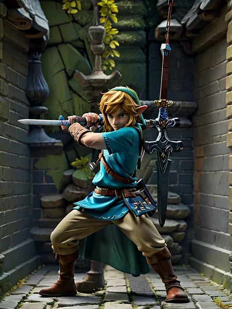 character link from zelda, very calm and mysterious, he is playing with the sword and show some partial blur from his sword swin...