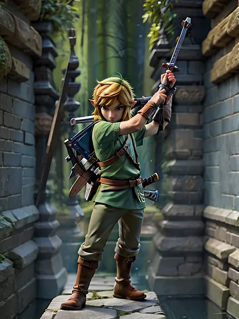 character link from zelda, very calm and mysterious, he is playing with the sword and show some partial blur from his sword swin...