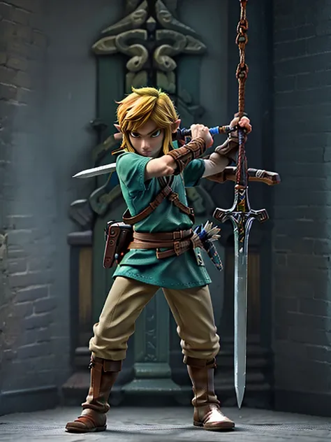 character link from zelda, very calm and mysterious, he is playing with the sword and show some partial blur from his sword swin...