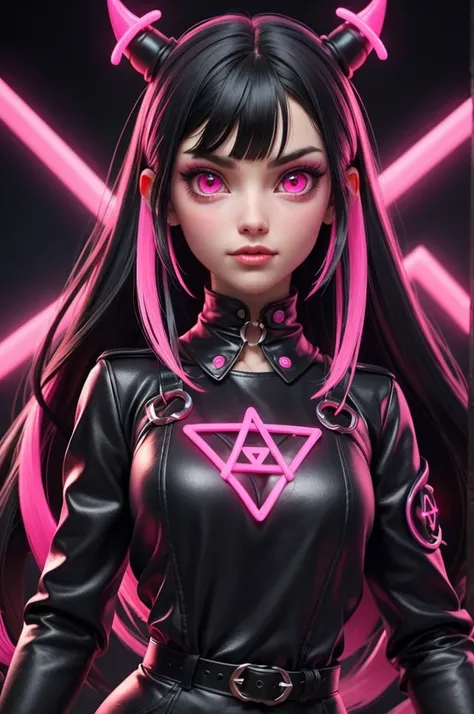 A woman, black hair with bangs and neon pink tips, beautiful, bright and pink eyes, black clothes, satanic black with neon pink details and a satanic symbol on her pink forehead, 