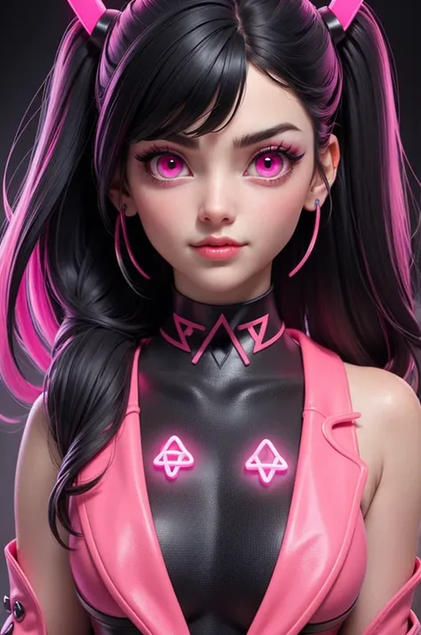 A woman, black hair with bangs and neon pink tips, beautiful, bright and pink eyes, black clothes, satanic black with neon pink details and a satanic symbol on her pink forehead, 