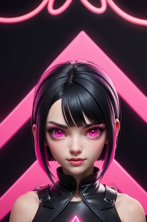 A woman, black hair with bangs and neon pink tips, beautiful, bright and pink eyes, black clothes, satanic black with neon pink details and a satanic symbol on her pink forehead, 