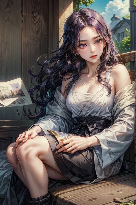 ((best quality)), ((Masterpiece)), (details), ((perfect face)),  Beautiful face,Dark purple hair and shock hair, purple eyes, teenage boy, rural village, young  girl, road, high school student, girl,black hair and long hair,conjunctivitis, brilliant, cold,...