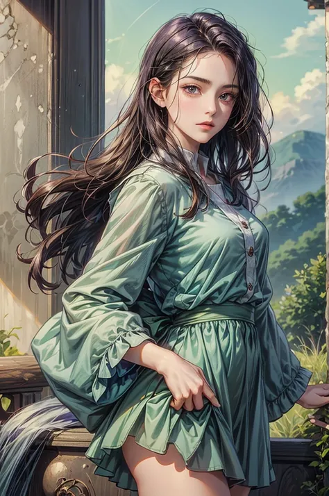 ((best quality)), ((Masterpiece)), (details), ((perfect face)),  Beautiful face,Dark purple hair and shock hair, purple eyes, teenage boy, rural village, young  girl, road, high school student, girl,black hair and long hair,conjunctivitis, brilliant, cold,...