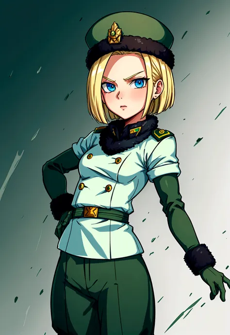 androide 18 dbz, Very detailed, winter, Android 18, by rubio, Blue eyes, short hair, green military uniform, Russian military uniform green, green gloves russian hat, ushanka Russian,