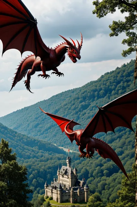 A red dragon with black wings, golden eyes while flying over a castle that is in the middle of a forest 
 