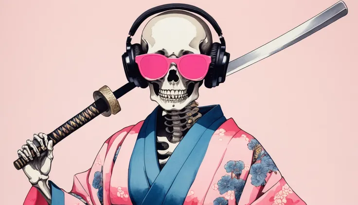 Female skeleton wearing a neon kimono, Light pink sunglasses, Katsushika Hokusai, Ink Painting, Japanese style headphones, Holding a Japanese sword in one&#39;s mouth, Modern ukiyo-e style, Red Eyes