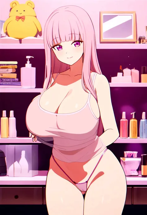 15yo girl, mini tank top, huge breast, thong, thicc thigh, pink, charming smile, light pink hair, hime cut hair, long hair, see through tank top, pussy hair, girl room, no bra, deep cleavage 