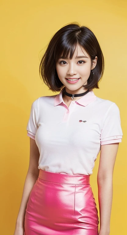 (A Gorgeous American-Chinese Lady, age 25, Tight Thin White Polo-Shirt & Pink Pencil Skirt, BlackPink Choker, natural pose, dimpled smile, short_bob_hair_side_bangs, cute snaggletooth, well-endowed round bosom, photorealistic, Hello_Kitty_Cuteness, beautif...