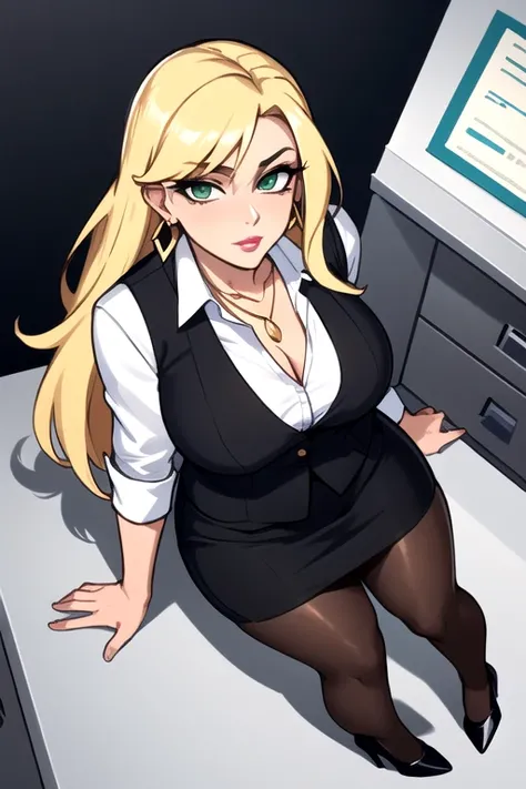 ((masterpiece, best quality)), 1female, solo, (middle-aged woman:1.2), mature female, milf, solo, (cleavage:0.6), long blonde hair, green eyes, tan olive skin, mascara, red lipstick, looking at viewer, (wide hips:1.2), (office lady, office:1.5),(Wearing: B...