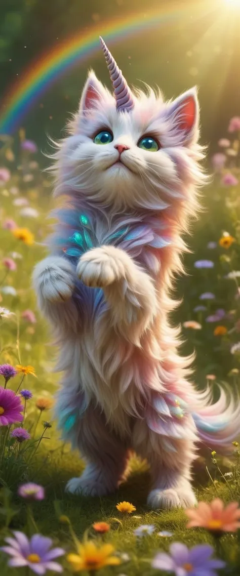 Dreamlike, Whimsical, Fantasy
 A colorful unicorn kitten frolicking in a magical meadow.
Iridescent, with hints of every rainbow color shimmering faintly.
Fluffy and rainbow-colored, flowing dynamically as the kitten prances.
Shimmering with a magical glow...