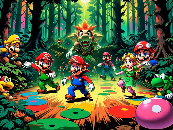 1990s animated tv show screengrab, Legend of Zelda crossover Mario Bros. , journey through forest, VHS, glitch, distorted, nostalgia, 90s retro vibes, analog tape, vcr aesthetics, tv, television, comic 1990s, animated tv show screengrab, Zelda and Super Ma...