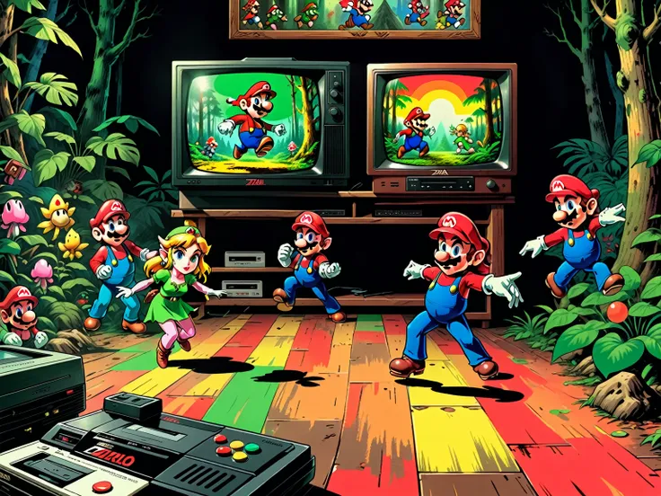 1990s animated tv show screengrab, Legend of Zelda crossover Mario Bros. , journey through forest, VHS, glitch, distorted, nostalgia, 90s retro vibes, analog tape, vcr aesthetics, tv, television, comic 1990s, animated tv show screengrab, Zelda and Super Ma...