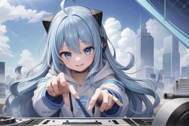 One girl, alone, 20-year-old, Light blue eyes, Blue Hair, Long, beautiful wavy hair, Ahoge, nice smile, White hoodie, Spectacular views, headphone, Detailed DJ equipment, djing, masterpiece, Fine Fingers, 最high quality:1.4, high quality, detailed