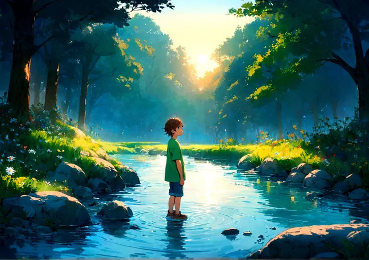 Jack is an eight-year-old boy with tousled brown hair and bright blue eyes. He wears worn-out blue jeans, a bright green t-shirt and sturdy brown sneakers. Jack is kneeling by the edge of a gently flowing river, his hands skimming the water. His face is fi...