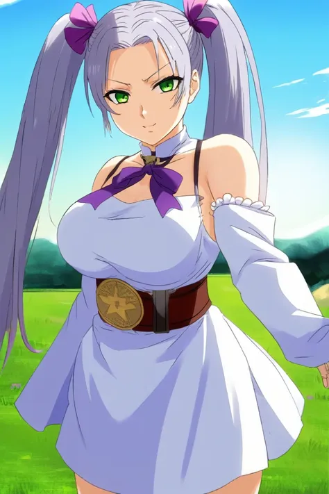 score_9, score_8_up, score_7_up, score_6_up, source_anime break 1girl, noelle silva, grey hair, purple eyes, twintails, hair rib...