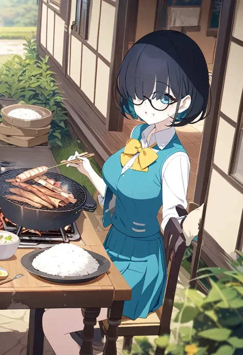 1girl, , turquoise vest, collared shirt, yellow bowtie, open jacket, blue skirt, black-framed eyewear, pleated skirt, black hair, turquoise bangs, very short hair, hair over eyes, pale skin, medium breasts, turquoise eye, smile, country house, table, eatin...