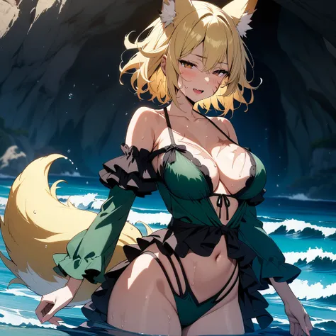 (masterpiece,best quality,very aesthetic,ultra-detailed),high saturation,official art,nsfw,solo,BREAK,1girl,30yo,curvy,large breasts,tall,stout build,bewitching,(blonde fox ears),(a fox tail),(blonde hair,short hair,messy hair),disheveled hair,(brown eyes)...